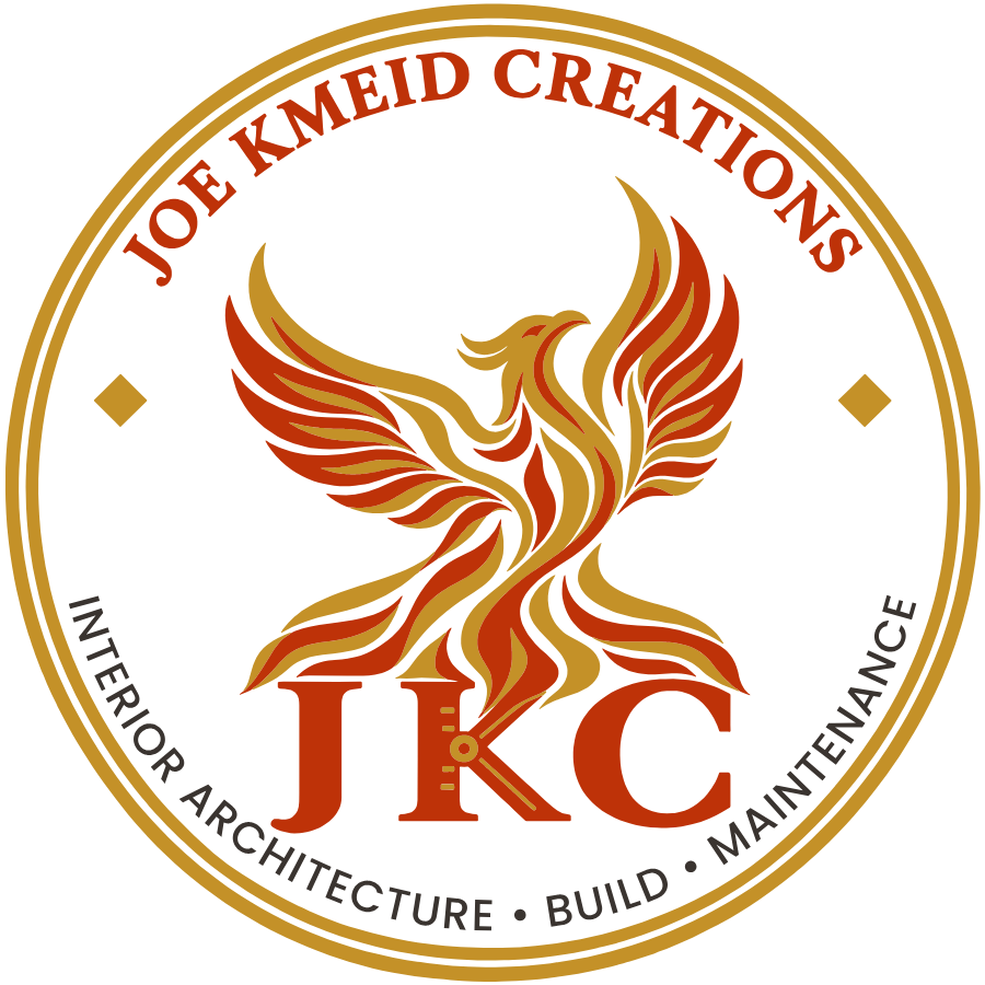 Joe Kmeid Creations logo: a phoenix over the letters JKC, ringed by Interior Architecture, Build, Maintenance